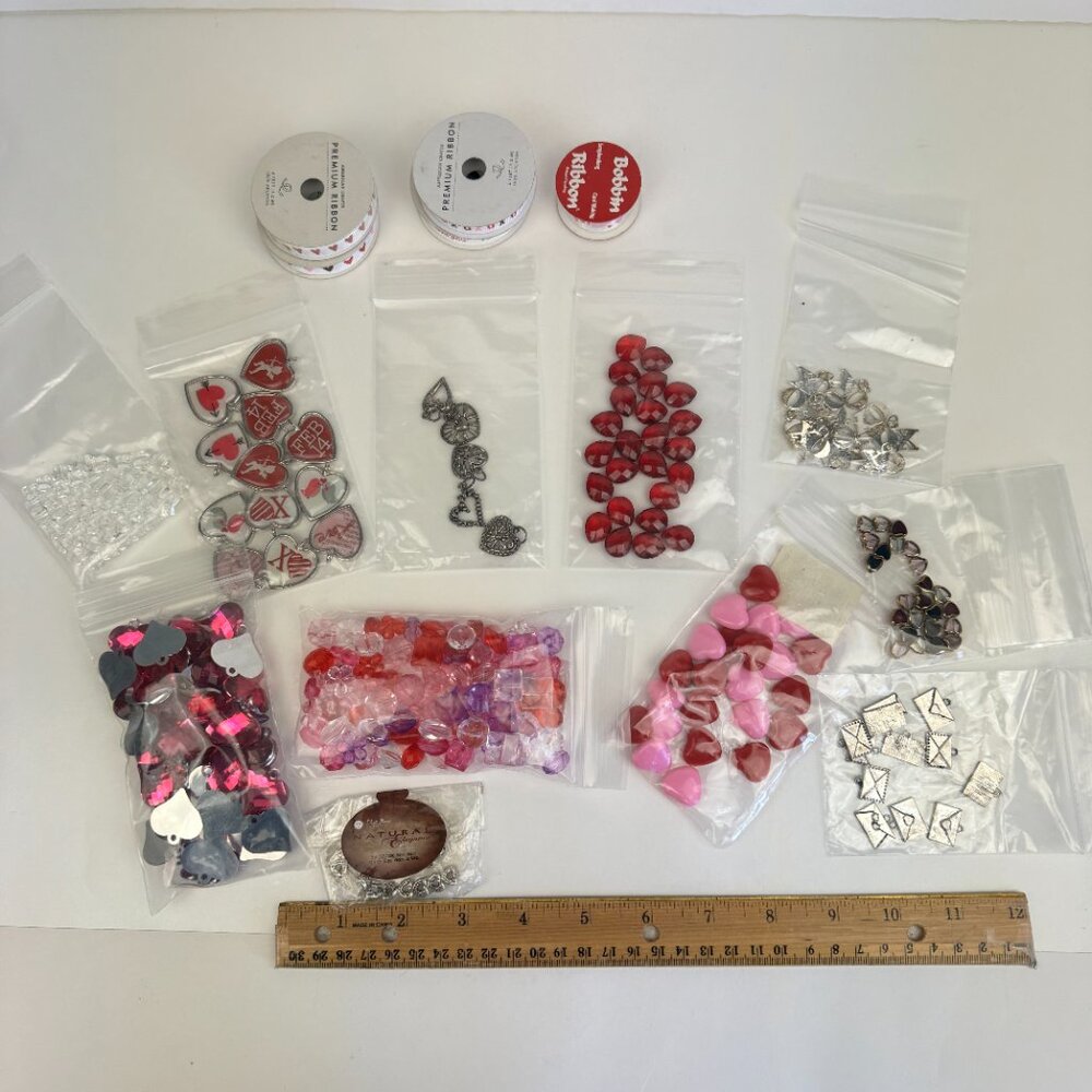 Random Lot of Valentine Beads Gems Jewelry Making Ribbon Hearts Pink Read Silver